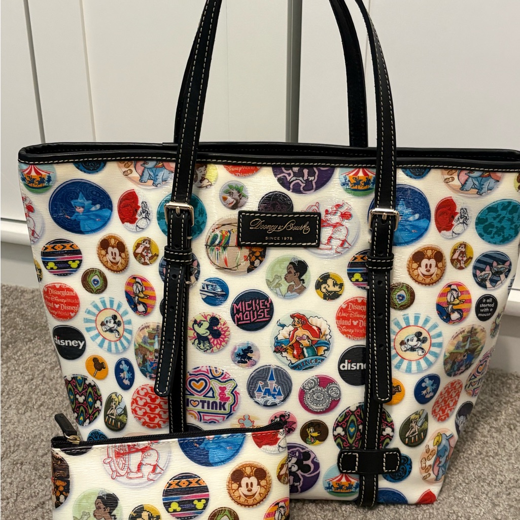 Dooney & Bourke White Tote With Multicolor Disney Buttons Motif
